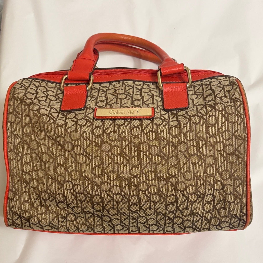 Calvin Klein Tan Monogram Bag with Red Trim